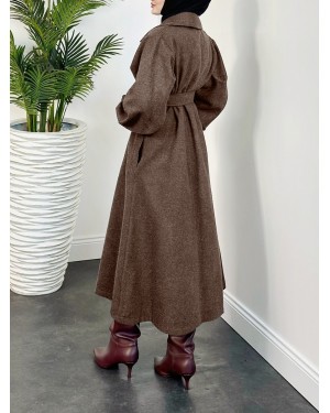 Balloon Sleeve Belted Lined Cashmere Coat -Brown