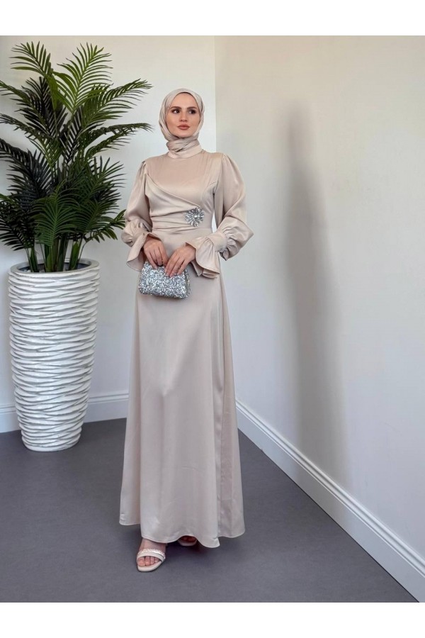 Satin Dress with Ruffled Cuffs and Stone Detail on the Front - Beige