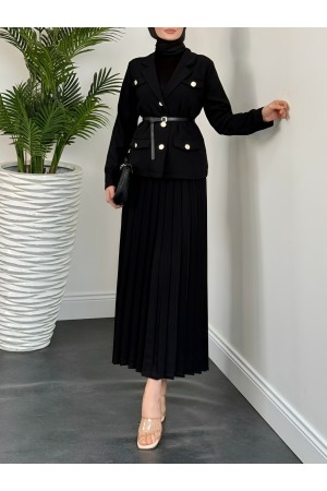 Eteği Piliseli Kemerli Düğmeli Ceketli Takım -Siyah