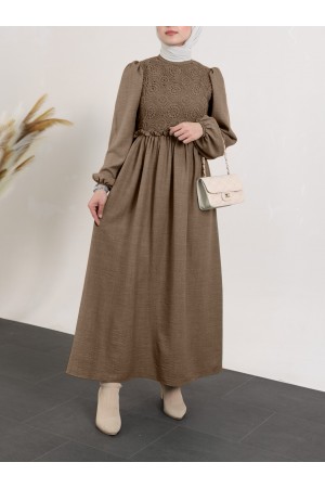 Robası Dantel Güpürlü Dantel Elbise  -Toprak