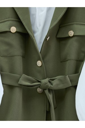 Zero Sleeve Button Front Waist Belted Three Piece Suit -Khaki