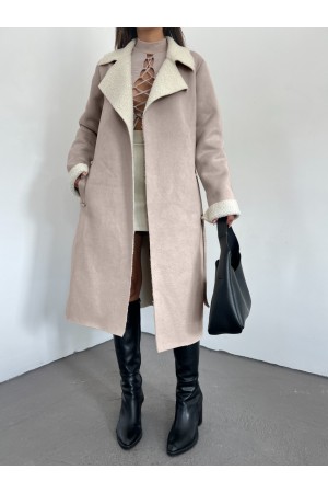 İçi Kürklü Kemerli Süet  Kaban  -Vizon