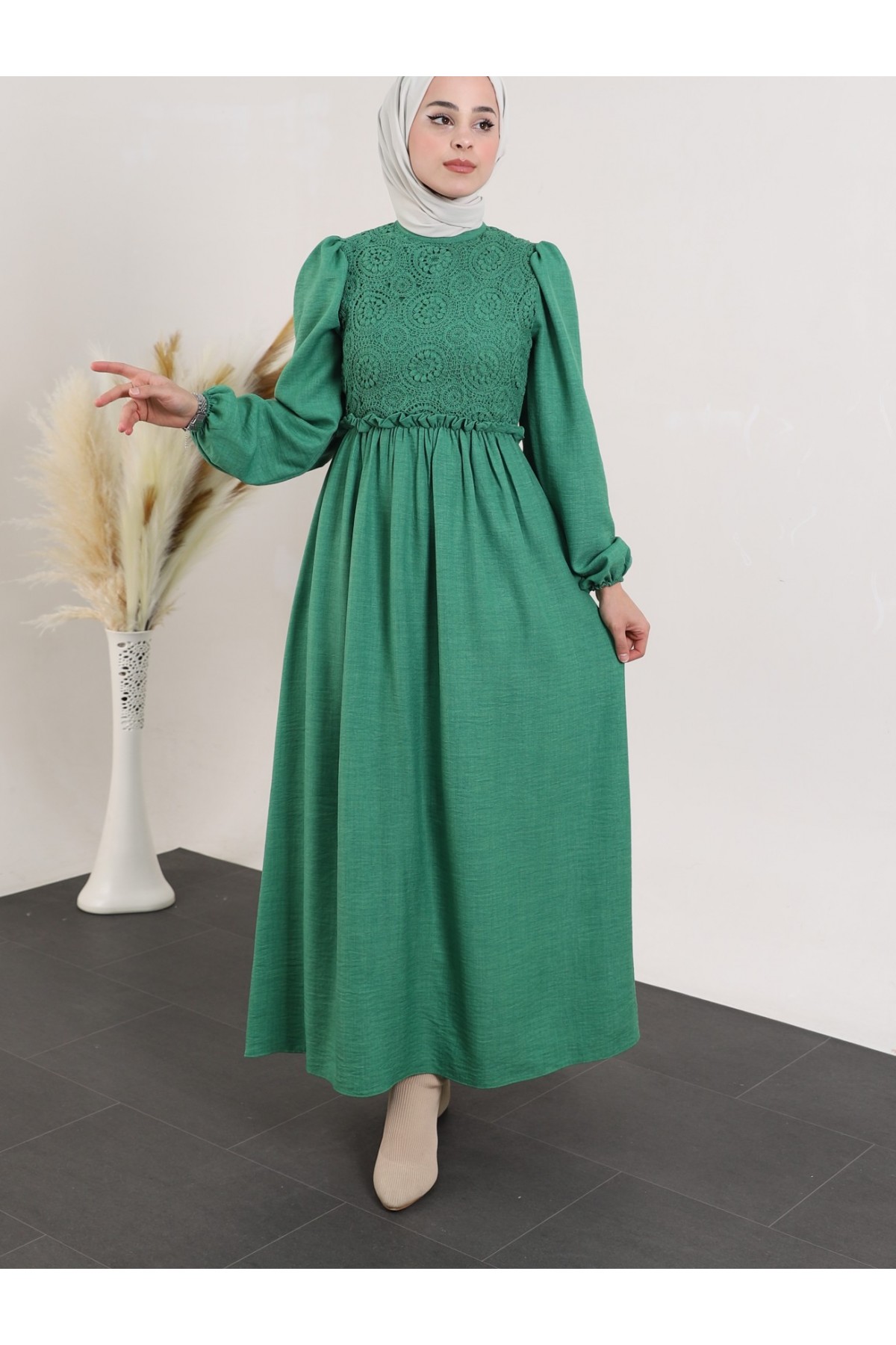 Lace Dress with Lace Laced Robe -Green