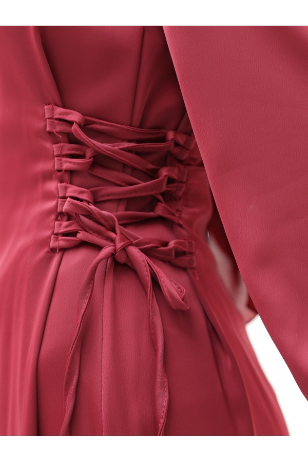 Satin Dress with Tie-Up Sides and Elastic Sleeves -Maroon