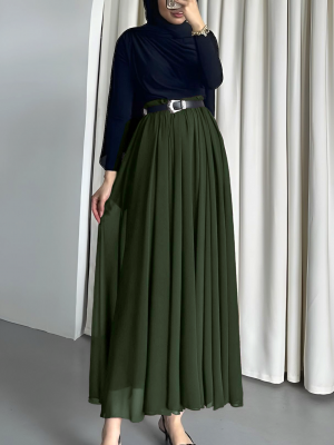 Beli Lastikli Kemerli Şifon Etek -Haki