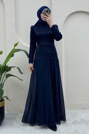 فستان سهرة من الشيفون الساتان مع تنورة من الدانتيل في الخلف -كحلي