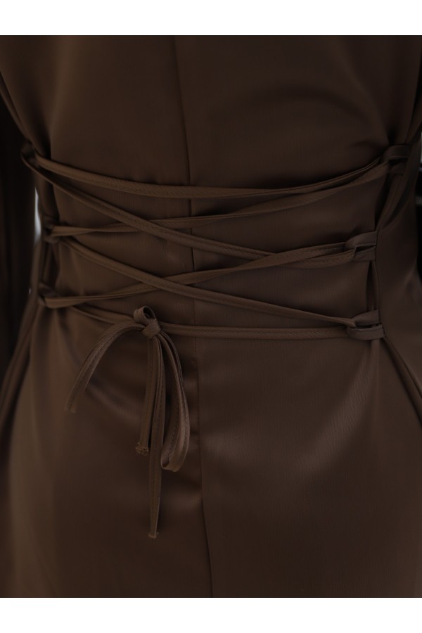 Back Lace Sleeve Cuff Chain Detailed Dress -Brown