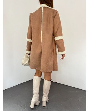 Single Button Fur Lined Suede Coat -Snuff