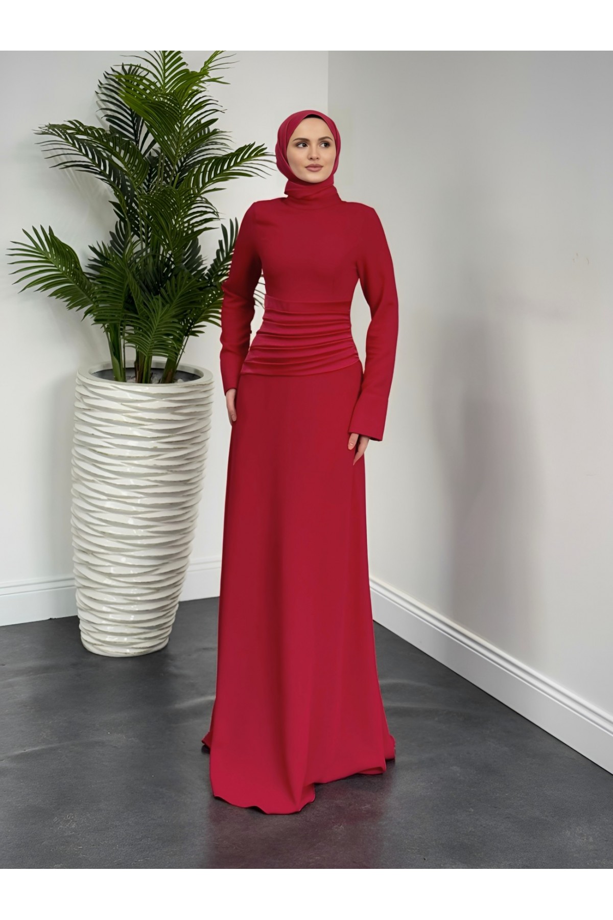 Draped Waist Buttoned Crepe Dress -Red