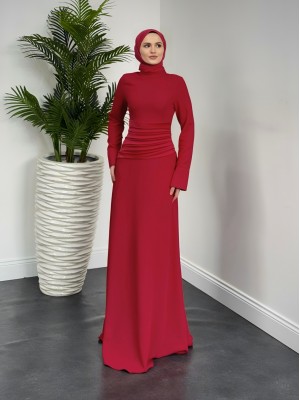 Draped Waist Buttoned Crepe Dress -Red