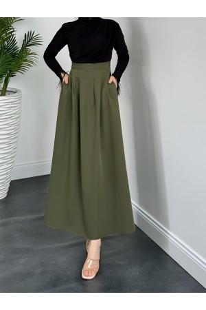 Pleated Pocketed Flared Skirt -Khaki