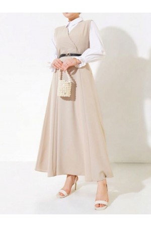 Önü Çift Düğmeli Kemerli Jile -Bej