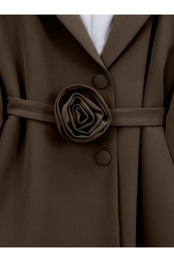 Double Breasted Jacket Trouser Set with Rose Belt Detail -Brown