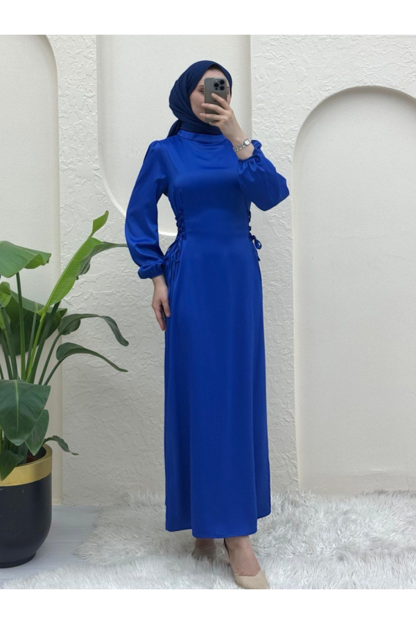 Satin Dress with Tie-Up Sides and Elastic Sleeves -Saxe 