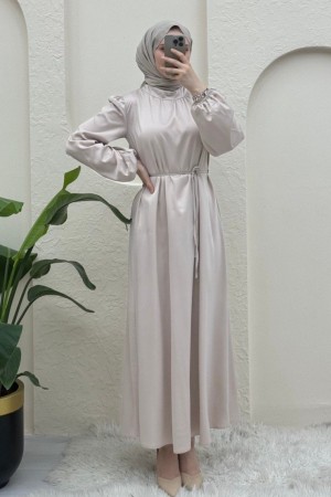 Beli Bağcıklı Kolu Lastikli Saten Abiye  -Bej