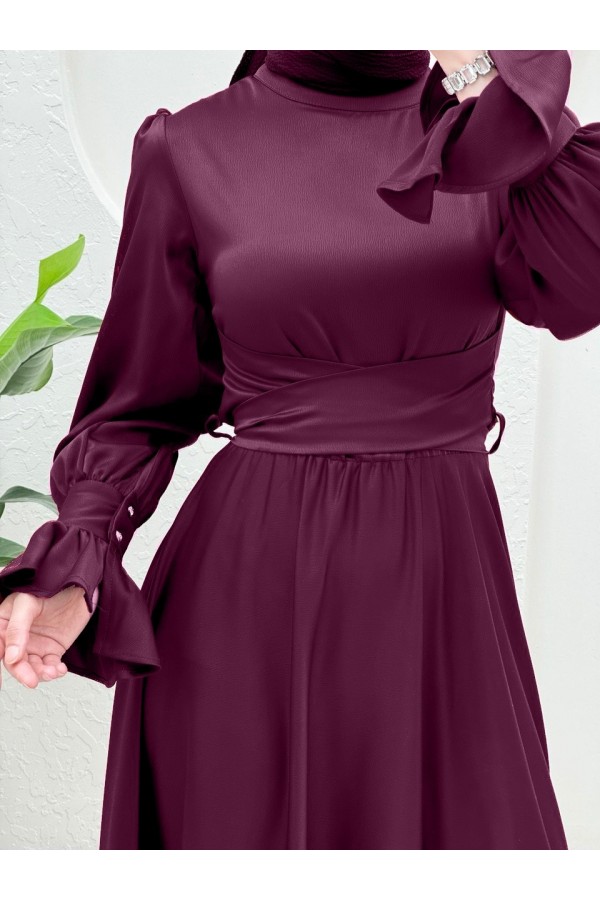 Satin Dress with Cross Tie Waist -Damson