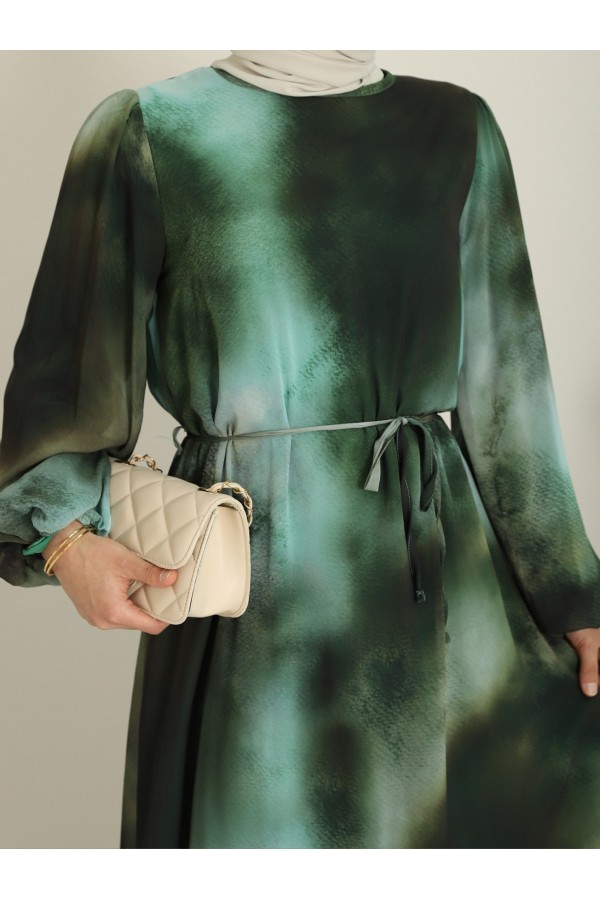 Batik Printed Lined Chiffon Dress   -Emerald
