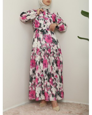 Batik Printed Belted Piece Linen Dress  -Fuchsia
