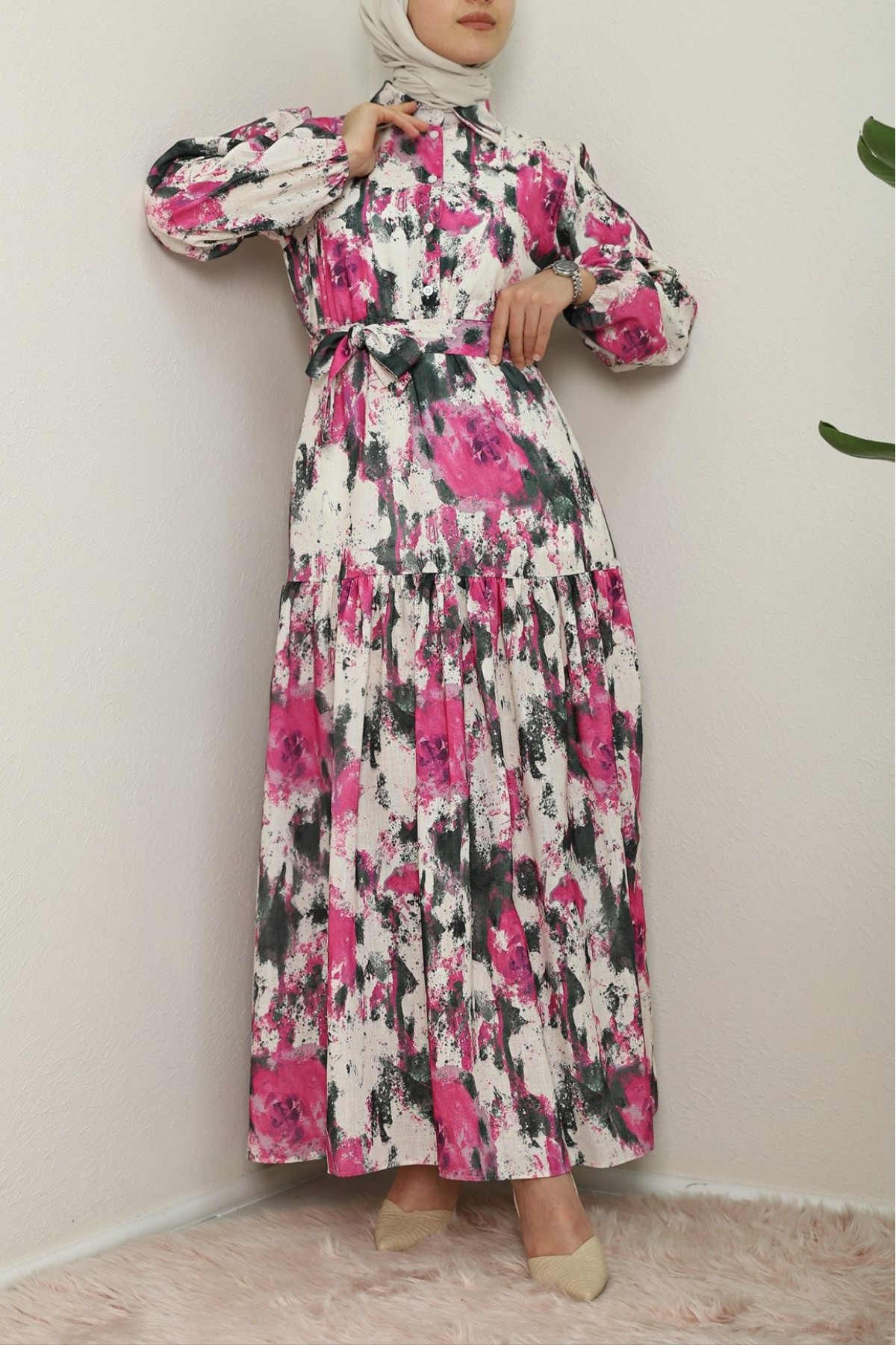 Batik Printed Belted Piece Linen Dress  -Fuchsia