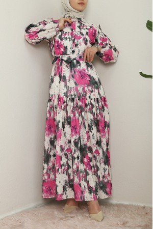 Batik Baskılı Kemerli Parçalı Keten Elbise -Fuşya