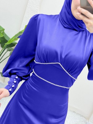 Satin Evening Dress with Pearl Detailed Waist and Buttoned Sleeve Cuffs -Saxe 