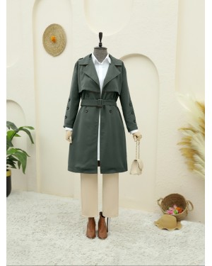 Inner Lined Buttoned Belted Trench Coat -Khaki