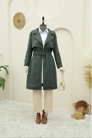 İç Astarlı Düğmeli Kemerli Trençkot  -Haki