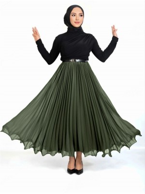 Kemerli Volanlı Pliseli Şifon Etek  -Haki