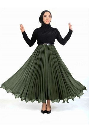 Kemerli Volanlı Pliseli Şifon Etek  -Haki
