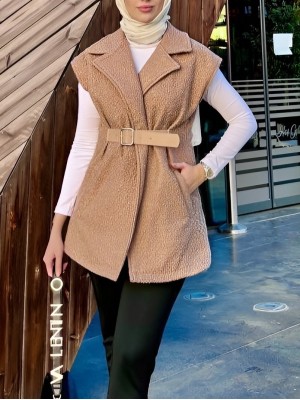 Kemer Detaylı Cepli Buklet Yelek -Vizon