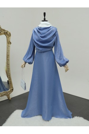 Balloon Sleeve Dress with Flowing Front and Tail -Baby Blue