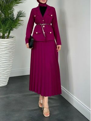 Eteği Piliseli Kemerli Düğmeli Ceketli Takım -Mor