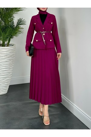 Eteği Piliseli Kemerli Düğmeli Ceketli Takım -Mor