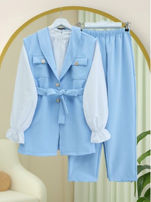 Sıfır Kol Önü Düğmeli Beli Kemerli Üçlü Takım  -Bebe Mavi