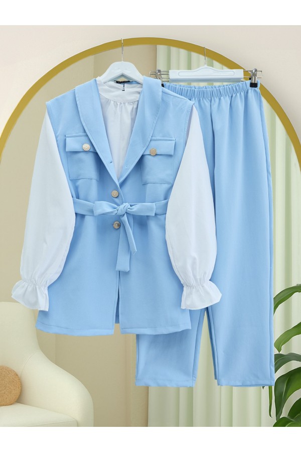 Zero Sleeve Button Front Waist Belted Three Piece Suit -Baby Blue