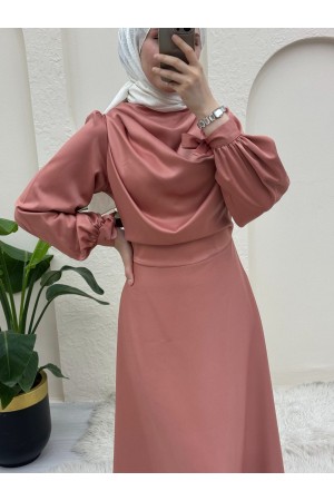 Döküm Yaka Bileği Bağcık Detaylı Abiye -Pudra