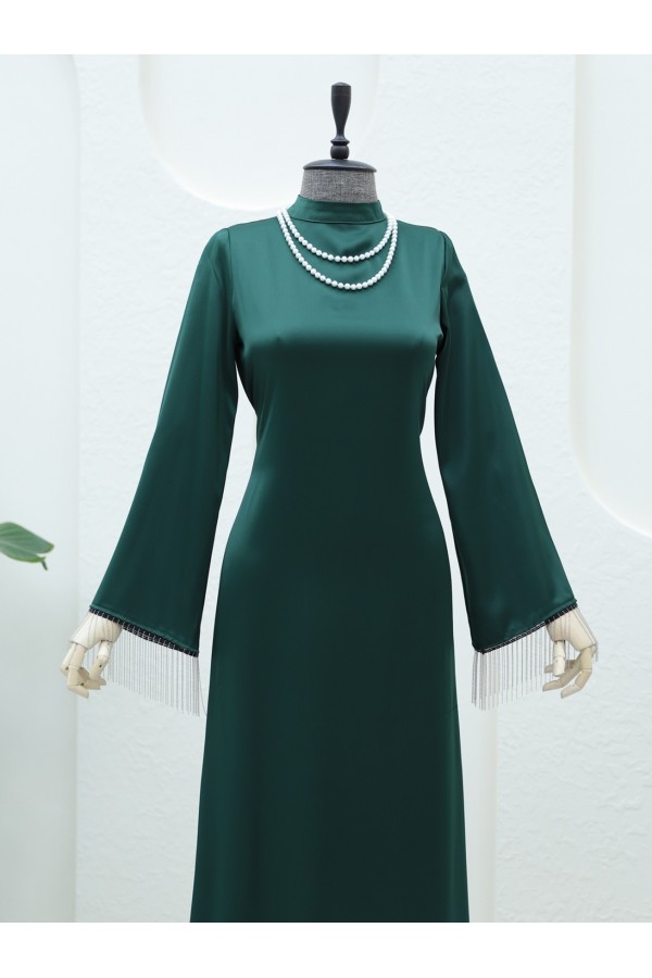 Back Lace Sleeve Cuff Chain Detailed Dress -Emerald