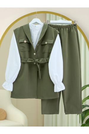 Zero Sleeve Button Front Waist Belted Three Piece Suit -Khaki