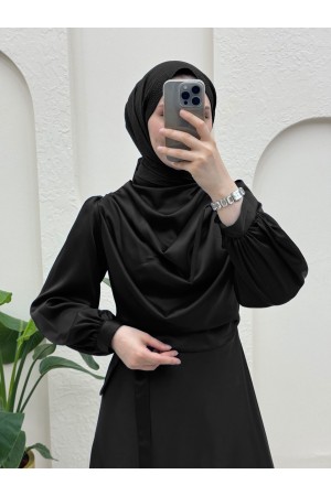 Döküm Yaka Bileği Bağcık Detaylı Abiye -Siyah