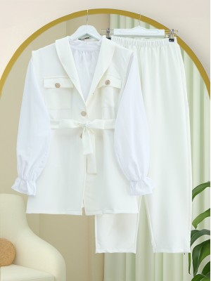 Sıfır Kol Önü Düğmeli Beli Kemerli Üçlü Takım  -Ekru