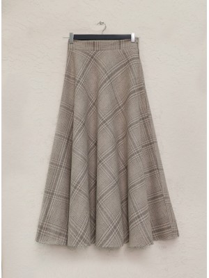 Kare Desenli Fermuarlı Kaşe Etek -Vizon