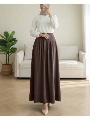 Fermuarlı Cepli Pliseli Krep Etek -K. Kahve