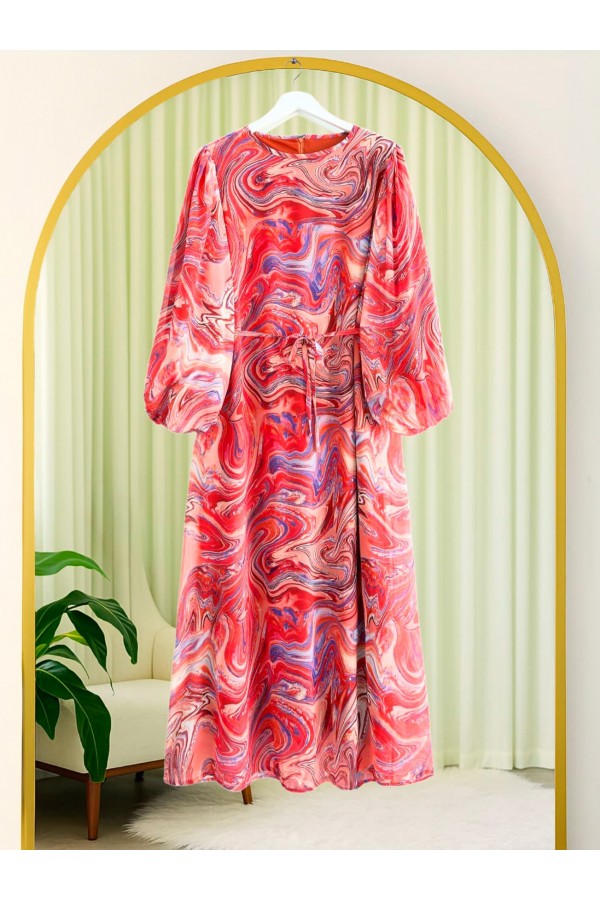 Batik Baskılı Astarlı Şifon Elbise -Kiremit