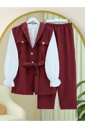 Zero Sleeve Button Front Waist Belted Three Piece Suit -Maroon