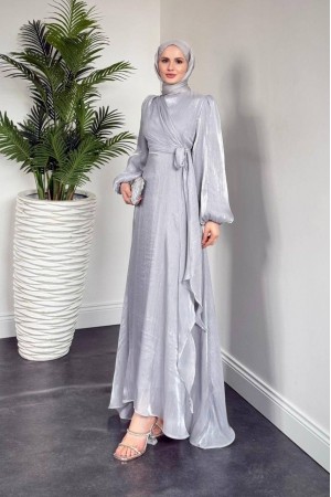 Önden Çapraz Bağlama Detaylı Janjan Kumaş Elbise -Gri