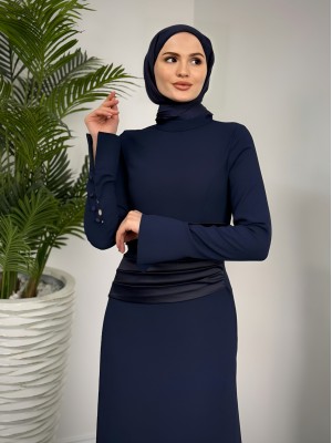 Draped Waist Buttoned Crepe Dress -Navy blue