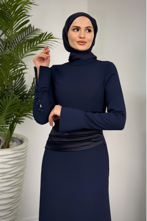 Beli Drapeli Kolu Düğmeli Krep Elbise -Laci