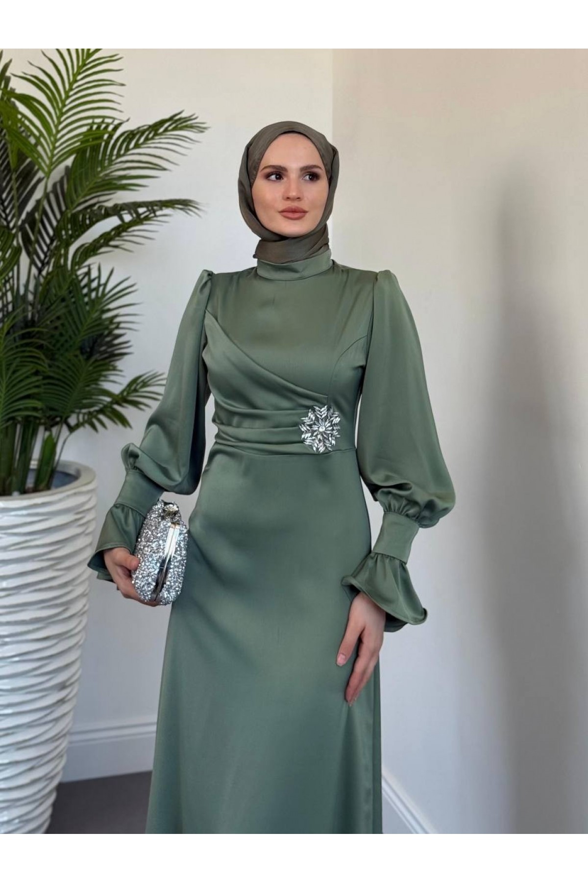 Satin Dress with Ruffled Cuffs and Stone Detail on the Front -Cagla Green