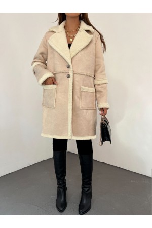 İçi Kürklü Çift Düğmeli Cepli Süet Kaban -Bej