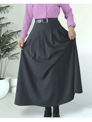 Pleated Pocketed Flared Skirt -Smoked 